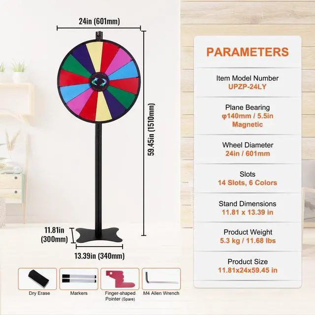 Alt view image 7 of 7 - VEVOR 24 inch Spinning Prize Wheel, 14 Slots Spinning Wheel, Roulette Wheel with a Dry Erase and 2 Markers, Tabletop or Floor Standing Win Fortune Spin Games in Party Pub Trade Show Carnival