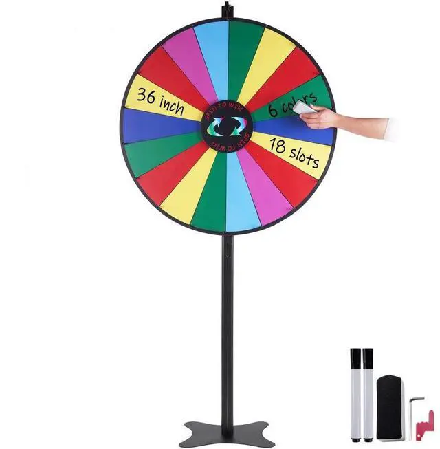 Main image of VEVOR 36 inch Spinning Prize Wheel, 18 Slots Spinning Wheel, Roulette Wheel with a Dry Erase and 2 Markers, Tabletop or Floor Standing Win Fortune Spin Games in Party Pub Trade Show Carnival