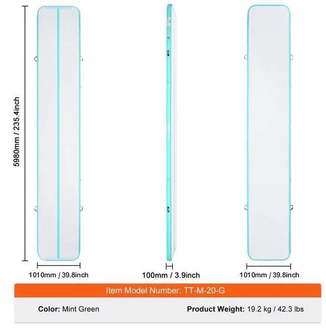 Alt view image 7 of 7 - VEVOR Gymnastics Air Mat, 4 inch Thickness Inflatable Gymnastics Tumbling Mat, Tumble Track with Electric Pump, Training Mats for Home Use/Gym/Yoga/Cheerleading/Beach/Park/Water, 20 ft, Mint Green