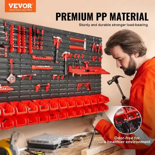 Alt view image 2 of 7 - VEVOR Wall Mounted Storage Bins, 30-Bin Parts Rack Organizer Garage Plastic Shop Tool with Wall Panels/Tool Holders/Hooks, Tool Organizer for Nuts, Bolts, Screws, Nails, Beads, Buttons, Black and Red