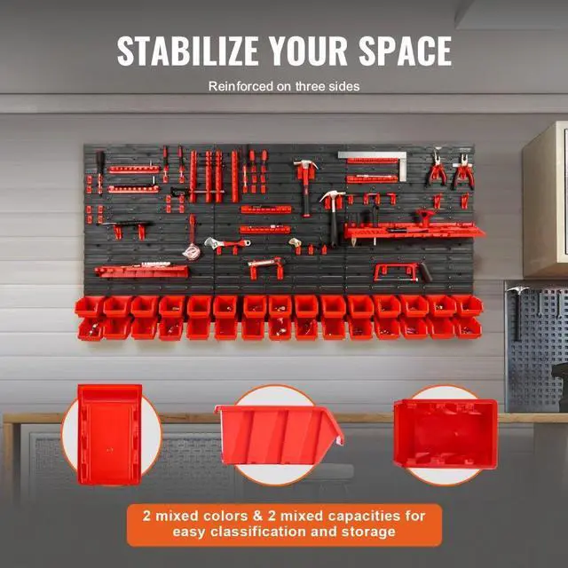 Alt view image 4 of 7 - VEVOR Wall Mounted Storage Bins, 30-Bin Parts Rack Organizer Garage Plastic Shop Tool with Wall Panels/Tool Holders/Hooks, Tool Organizer for Nuts, Bolts, Screws, Nails, Beads, Buttons, Black and Red