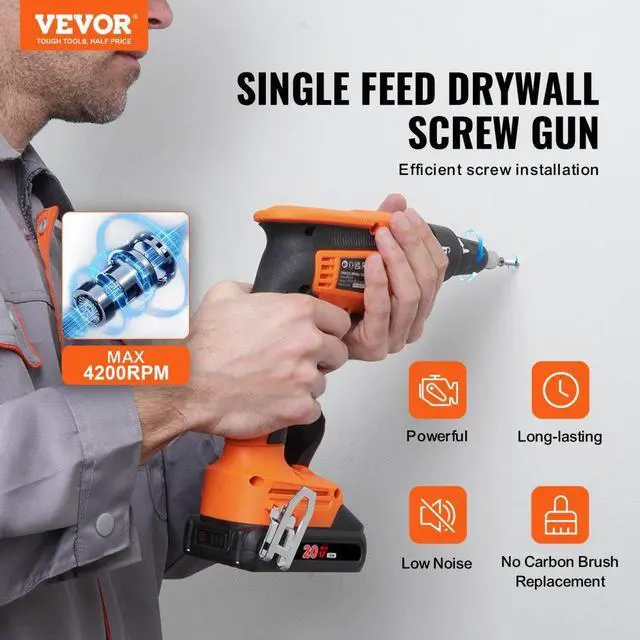 Alt view image 2 of 14 - VEVOR Drywall Screw Gun, 20V Max Drywall Screwgun, 4200RPM Brushless Cordless Drywall Gun Kit with 2 Battery Packs, Charger, Belt Clip, and Tool Bag, Forward and Reverse Adjustable, Built-in LED Light