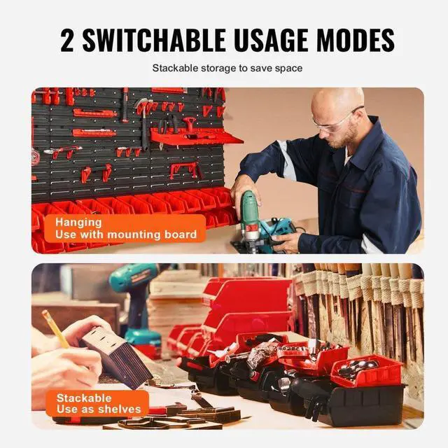 Alt view image 3 of 7 - VEVOR Wall Mounted Storage Bins, 30-Bin Parts Rack Organizer Garage Plastic Shop Tool with Wall Panels/Tool Holders/Hooks, Tool Organizer for Nuts, Bolts, Screws, Nails, Beads, Buttons, Black and Red