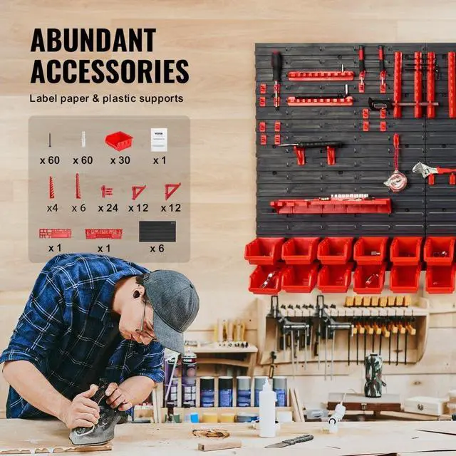 Alt view image 5 of 7 - VEVOR Wall Mounted Storage Bins, 30-Bin Parts Rack Organizer Garage Plastic Shop Tool with Wall Panels/Tool Holders/Hooks, Tool Organizer for Nuts, Bolts, Screws, Nails, Beads, Buttons, Black and Red