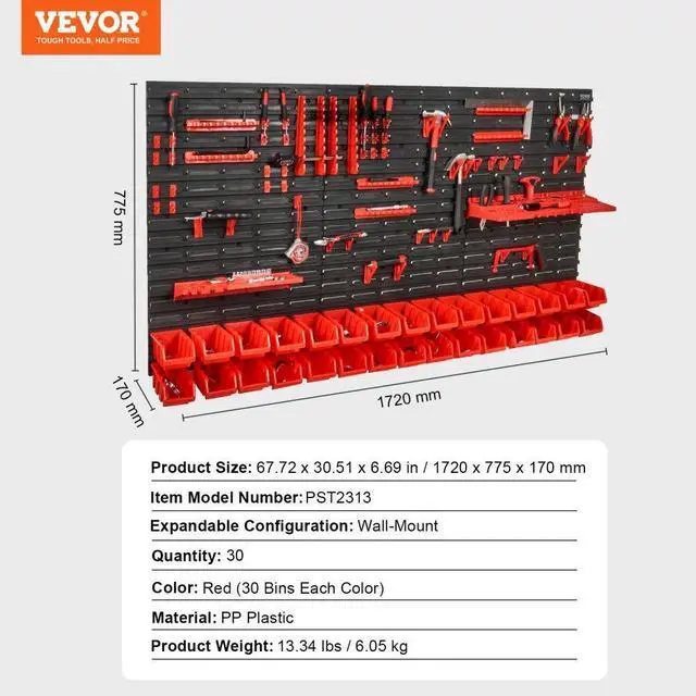 Alt view image 7 of 7 - VEVOR Wall Mounted Storage Bins, 30-Bin Parts Rack Organizer Garage Plastic Shop Tool with Wall Panels/Tool Holders/Hooks, Tool Organizer for Nuts, Bolts, Screws, Nails, Beads, Buttons, Black and Red