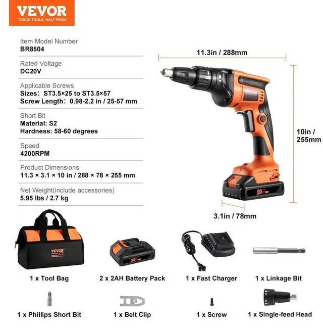Alt view image 7 of 14 - VEVOR Drywall Screw Gun, 20V Max Drywall Screwgun, 4200RPM Brushless Cordless Drywall Gun Kit with 2 Battery Packs, Charger, Belt Clip, and Tool Bag, Forward and Reverse Adjustable, Built-in LED Light