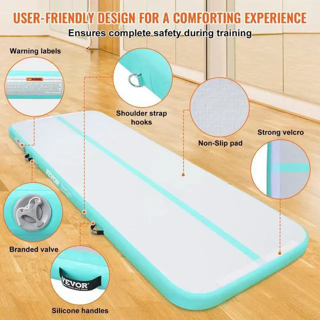 Alt view image 5 of 7 - VEVOR Gymnastics Air Mat, 4 inch Thickness Inflatable Gymnastics Tumbling Mat, Tumble Track with Electric Pump, Training Mats for Home Use/Gym/Yoga/Cheerleading/Beach/Park/Water, 10 ft, Mint Green