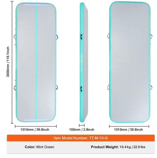 Alt view image 7 of 7 - VEVOR Gymnastics Air Mat, 4 inch Thickness Inflatable Gymnastics Tumbling Mat, Tumble Track with Electric Pump, Training Mats for Home Use/Gym/Yoga/Cheerleading/Beach/Park/Water, 10 ft, Mint Green