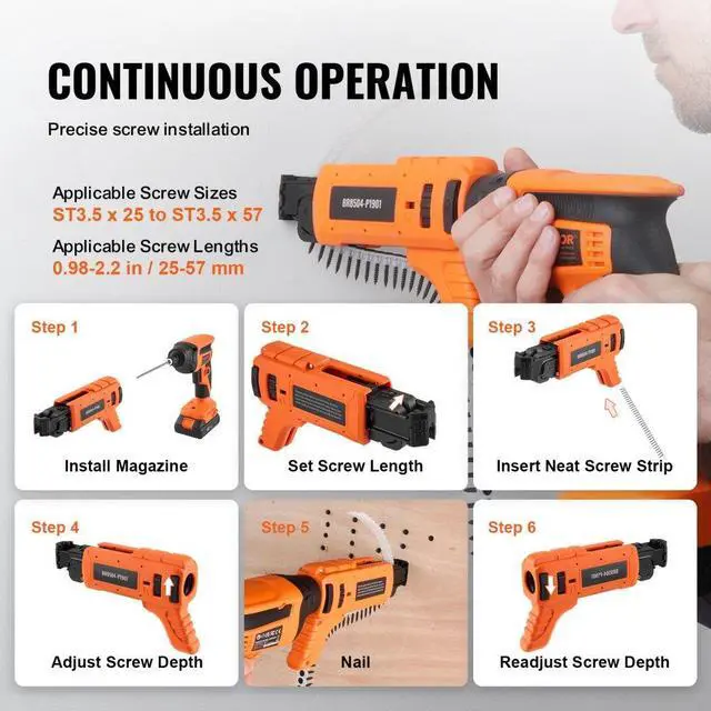 Alt view image 4 of 7 - VEVOR Drywall Screw Gun Auto-Feed, 20V Max Collated Drywall Screwgun, 4200RPM Brushless Cordless Drywall Gun Kit with 2 Battery Packs, Charger, Belt Clip, Tool Bag, Screw Length and Depth Adjustable