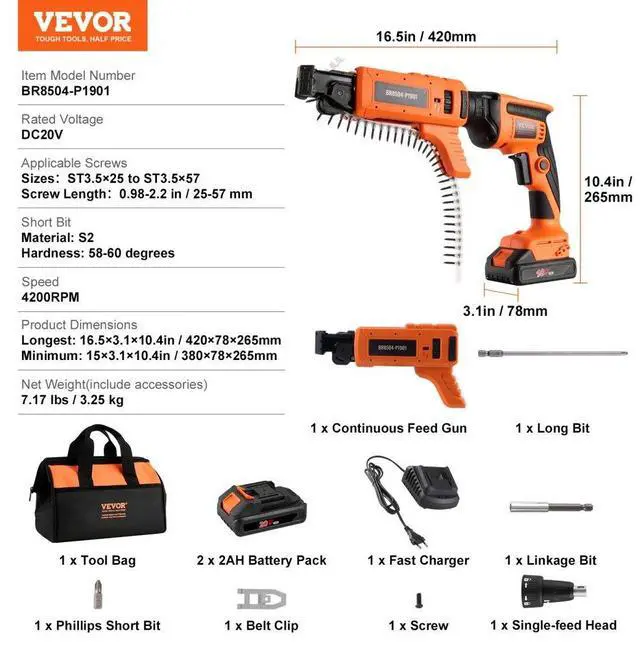 Alt view image 7 of 7 - VEVOR Drywall Screw Gun Auto-Feed, 20V Max Collated Drywall Screwgun, 4200RPM Brushless Cordless Drywall Gun Kit with 2 Battery Packs, Charger, Belt Clip, Tool Bag, Screw Length and Depth Adjustable