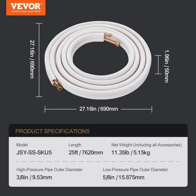 Alt view image 7 of 7 - VEVOR 25FT Mini Split Line Set, 3/8" & 5/8" O.D Copper Pipes Tubing and Triple-Layer Insulation, for Mini Split Air Conditioning Refrigerant or Heating Pump Equipment & HVAC with Wrapping Strips.