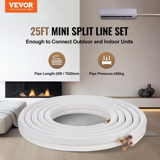 Alt view image 2 of 7 - VEVOR 25FT Mini Split Line Set, 1/4" & 1/2" O.D Copper Pipes Tubing and Triple-Layer Insulation, for Air Conditioning or Heating Pump Equipment & HVAC with Rich Accessories (27ft Connection Cable)