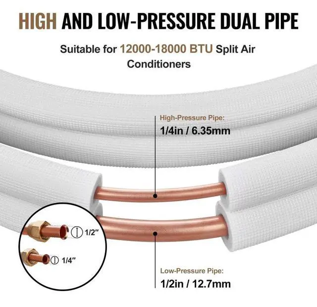 Alt view image 3 of 7 - VEVOR 25FT Mini Split Line Set, 1/4" & 1/2" O.D Copper Pipes Tubing and Triple-Layer Insulation, for Air Conditioning or Heating Pump Equipment & HVAC with Rich Accessories (27ft Connection Cable)