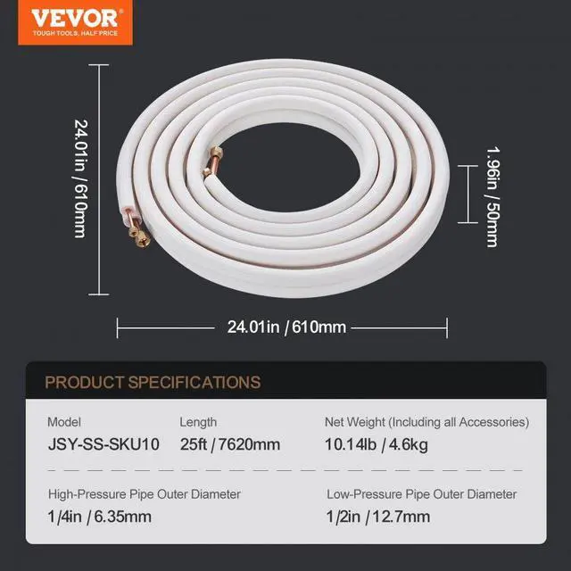 Alt view image 7 of 7 - VEVOR 25FT Mini Split Line Set, 1/4" & 1/2" O.D Copper Pipes Tubing and Triple-Layer Insulation, for Air Conditioning or Heating Pump Equipment & HVAC with Rich Accessories (27ft Connection Cable)