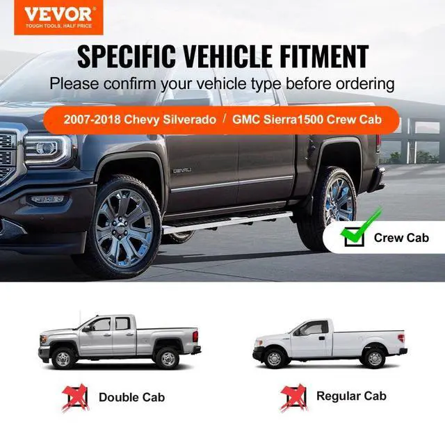 Alt view image 2 of 7 - VEVOR Running Boards, 6" Step Bars Compatible with 2007-2018 Chevy Silverado/GMC Sierra 1500 Crew Cab/2019 2500HD 3500HD 1500 LD, 201 Stainless Steel Side Steps Nerf Bars, 500LBS Capacity, 2 Piece