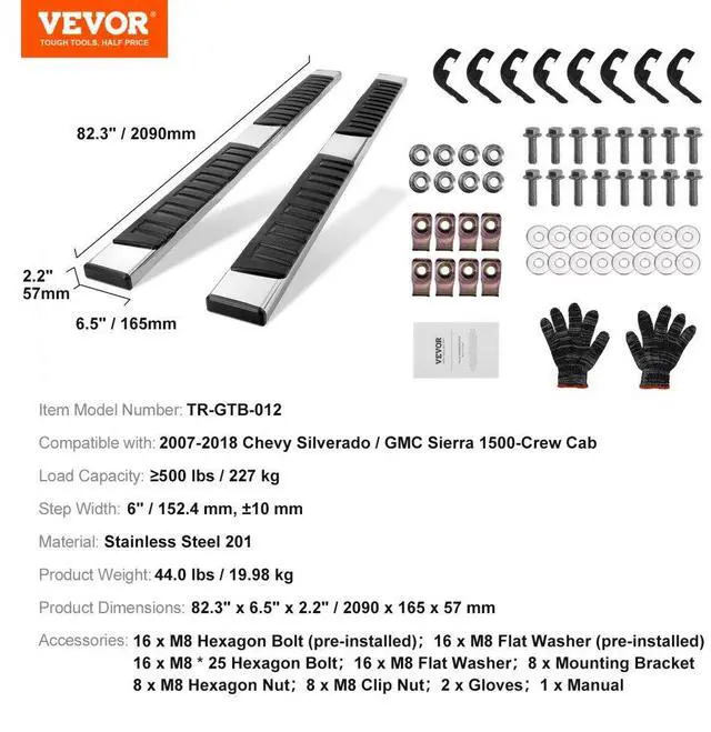 Alt view image 7 of 7 - VEVOR Running Boards, 6" Step Bars Compatible with 2007-2018 Chevy Silverado/GMC Sierra 1500 Crew Cab/2019 2500HD 3500HD 1500 LD, 201 Stainless Steel Side Steps Nerf Bars, 500LBS Capacity, 2 Piece