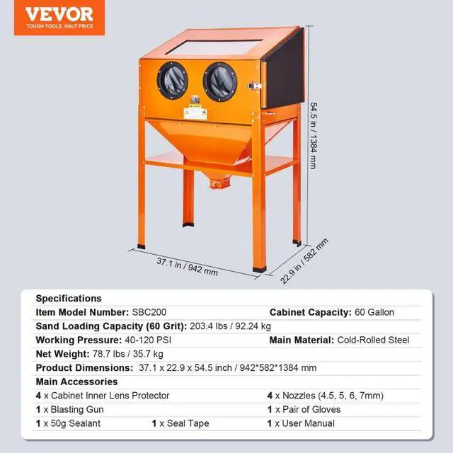 Alt view image 7 of 7 - VEVOR 60 Gallon Sandblasting Cabinet, 40-120PSI Sand Blasting Cabinet with Stand, Heavy Duty Steel Sand Blaster with Blasting Gun & 4 Ceramic Nozzles for Paint, Stain, Rust Removal