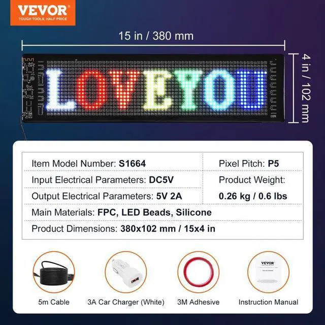 Alt view image 7 of 7 - VEVOR Programmable LED Sign, P5 Full Color LED Scrolling Panel, DIY Custom Text Animation Pattern Display Board, Bluetooth APP Control Message Shop Sign for Store Business Car Bar Advertising, 15"x4"