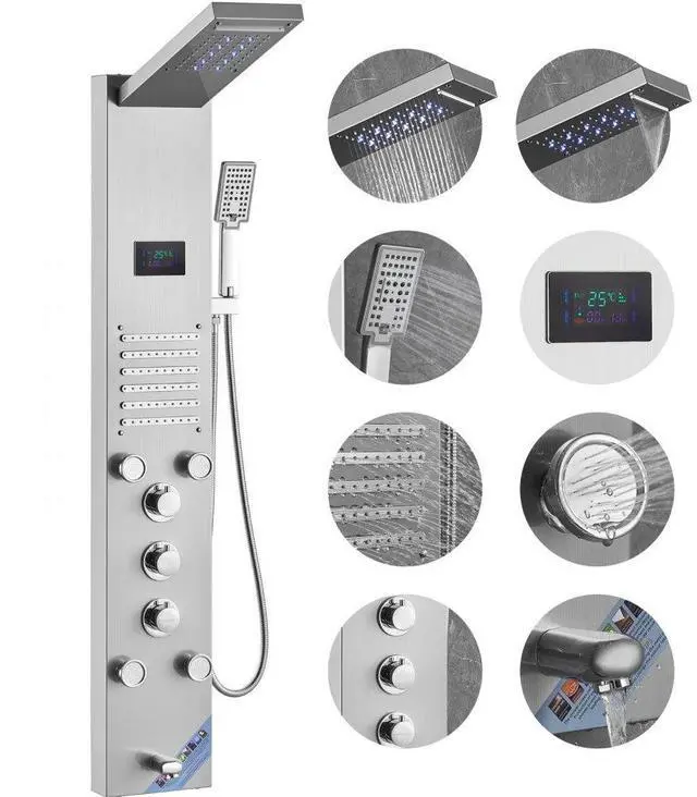 Main image of VEVOR Shower Panel System, 6 Shower Modes, LED & Screen Hydroelectricity Shower Panel Tower, Rainfall, Waterfall, 5 Massage Jets, Tub Spout, Handheld Shower, Stainless Steel Wall-Mounted Shower Set