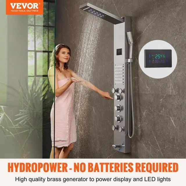Alt view image 2 of 7 - VEVOR Shower Panel System, 6 Shower Modes, LED & Screen Hydroelectricity Shower Panel Tower, Rainfall, Waterfall, 5 Massage Jets, Tub Spout, Handheld Shower, Stainless Steel Wall-Mounted Shower Set