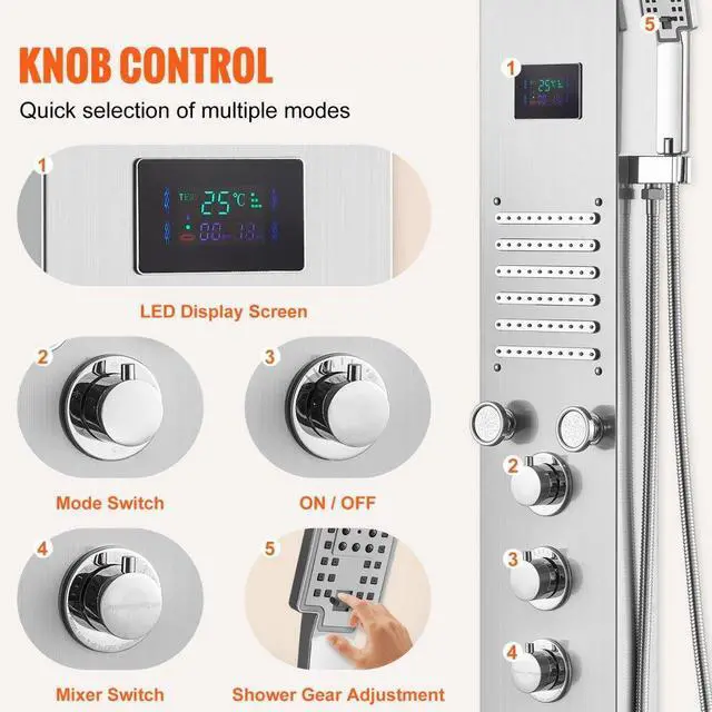 Alt view image 5 of 7 - VEVOR Shower Panel System, 6 Shower Modes, LED & Screen Hydroelectricity Shower Panel Tower, Rainfall, Waterfall, 5 Massage Jets, Tub Spout, Handheld Shower, Stainless Steel Wall-Mounted Shower Set