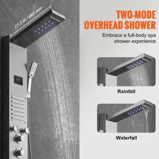 Alt view image 3 of 7 - VEVOR Shower Panel System, 6 Shower Modes, LED & Screen Hydroelectricity Shower Panel Tower, Rainfall, Waterfall, 5 Massage Jets, Tub Spout, Handheld Shower, Stainless Steel Wall-Mounted Shower Set