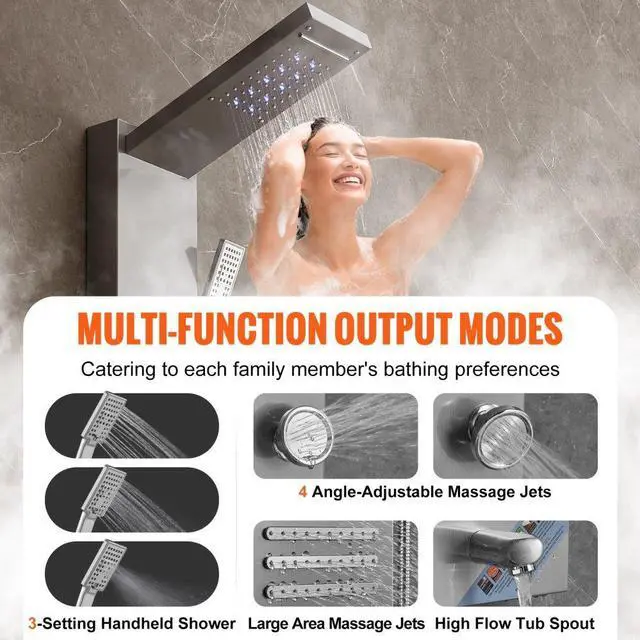 Alt view image 4 of 7 - VEVOR Shower Panel System, 6 Shower Modes, LED & Screen Hydroelectricity Shower Panel Tower, Rainfall, Waterfall, 5 Massage Jets, Tub Spout, Handheld Shower, Stainless Steel Wall-Mounted Shower Set