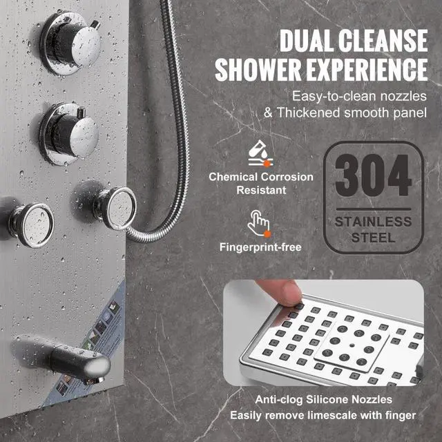 Alt view image 6 of 7 - VEVOR Shower Panel System, 6 Shower Modes, LED & Screen Hydroelectricity Shower Panel Tower, Rainfall, Waterfall, 5 Massage Jets, Tub Spout, Handheld Shower, Stainless Steel Wall-Mounted Shower Set