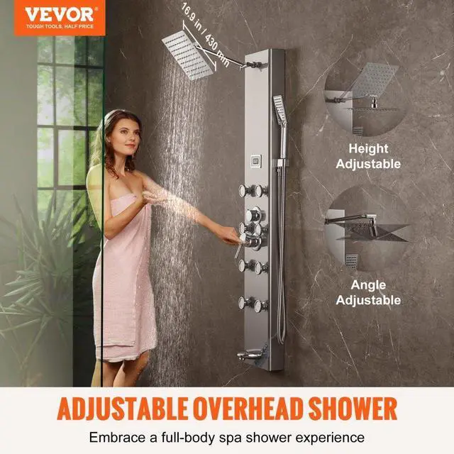 Alt view image 2 of 7 - VEVOR Shower Panel System, 5 Shower Modes, Digital Display Shower Panel Tower, Rainfall, 8 Massage Jets, Tub Spout, 3-Setting Handheld Shower Head 59" Hose, Stainless Steel Wall-Mounted Shower Set