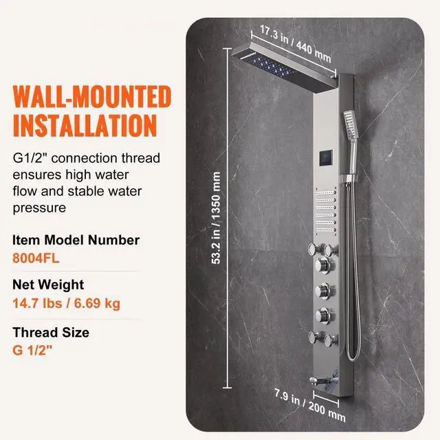Alt view image 7 of 7 - VEVOR Shower Panel System, 6 Shower Modes, LED & Screen Hydroelectricity Shower Panel Tower, Rainfall, Waterfall, 5 Massage Jets, Tub Spout, Handheld Shower, Stainless Steel Wall-Mounted Shower Set