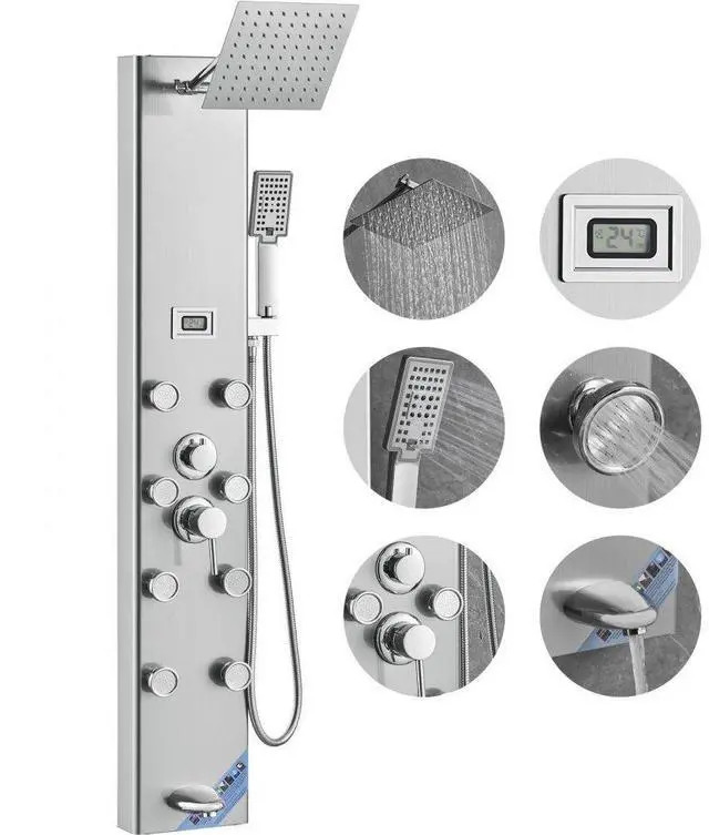 Main image of VEVOR Shower Panel System, 5 Shower Modes, Digital Display Shower Panel Tower, Rainfall, 8 Massage Jets, Tub Spout, 3-Setting Handheld Shower Head 59" Hose, Stainless Steel Wall-Mounted Shower Set