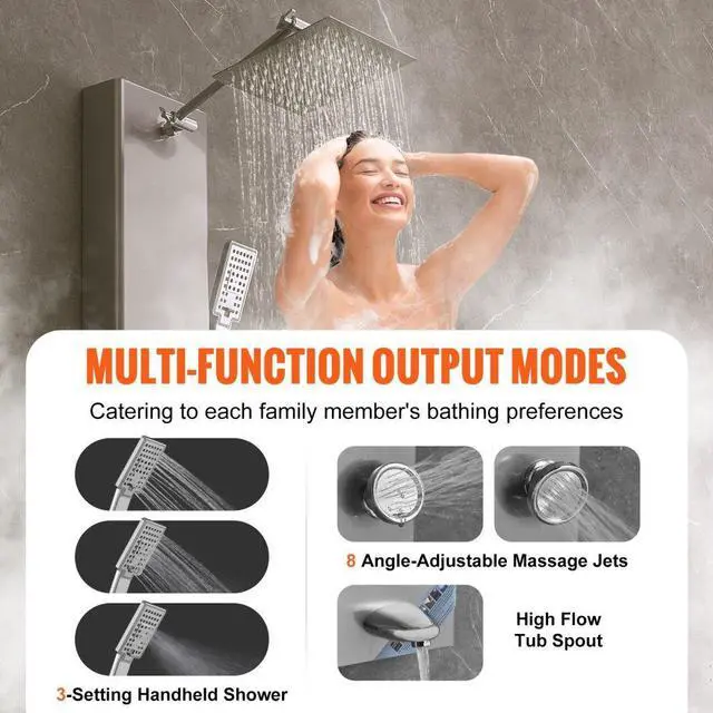 Alt view image 3 of 7 - VEVOR Shower Panel System, 5 Shower Modes, Digital Display Shower Panel Tower, Rainfall, 8 Massage Jets, Tub Spout, 3-Setting Handheld Shower Head 59" Hose, Stainless Steel Wall-Mounted Shower Set
