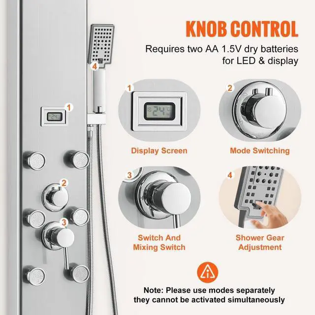 Alt view image 5 of 7 - VEVOR Shower Panel System, 5 Shower Modes, Digital Display Shower Panel Tower, Rainfall, 8 Massage Jets, Tub Spout, 3-Setting Handheld Shower Head 59" Hose, Stainless Steel Wall-Mounted Shower Set