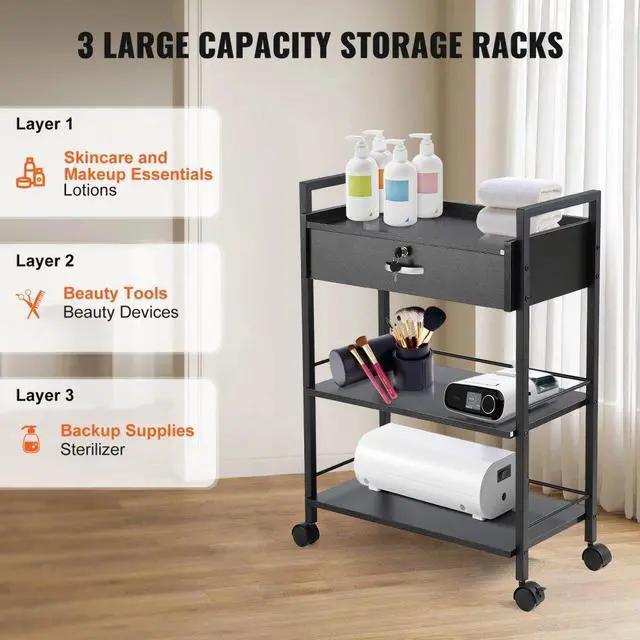 Alt view image 3 of 7 - VEVOR Beauty Salon Trolley Cart, 3-Tier Hair Salon Stations Cabinet for Stylist with Lockable Drawer, MDF Rolling Storage Station with 4 Wheels (2 Lockable) for Beauty SPA Barbershop Tattoo