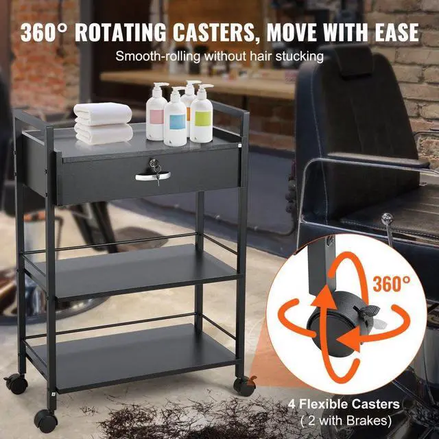 Alt view image 5 of 7 - VEVOR Beauty Salon Trolley Cart, 3-Tier Hair Salon Stations Cabinet for Stylist with Lockable Drawer, MDF Rolling Storage Station with 4 Wheels (2 Lockable) for Beauty SPA Barbershop Tattoo