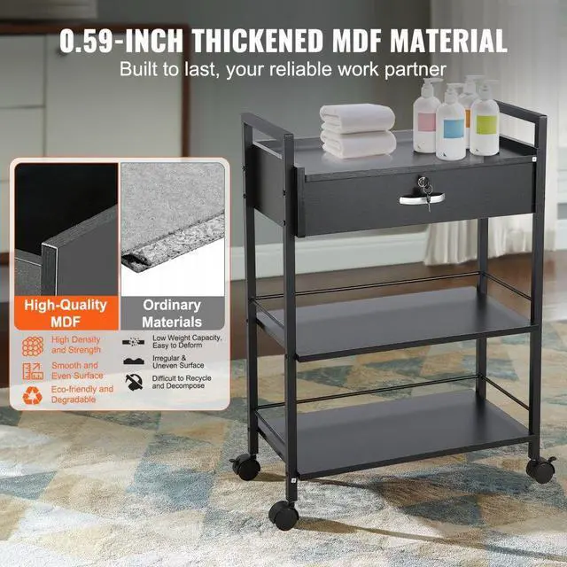 Alt view image 4 of 7 - VEVOR Beauty Salon Trolley Cart, 3-Tier Hair Salon Stations Cabinet for Stylist with Lockable Drawer, MDF Rolling Storage Station with 4 Wheels (2 Lockable) for Beauty SPA Barbershop Tattoo