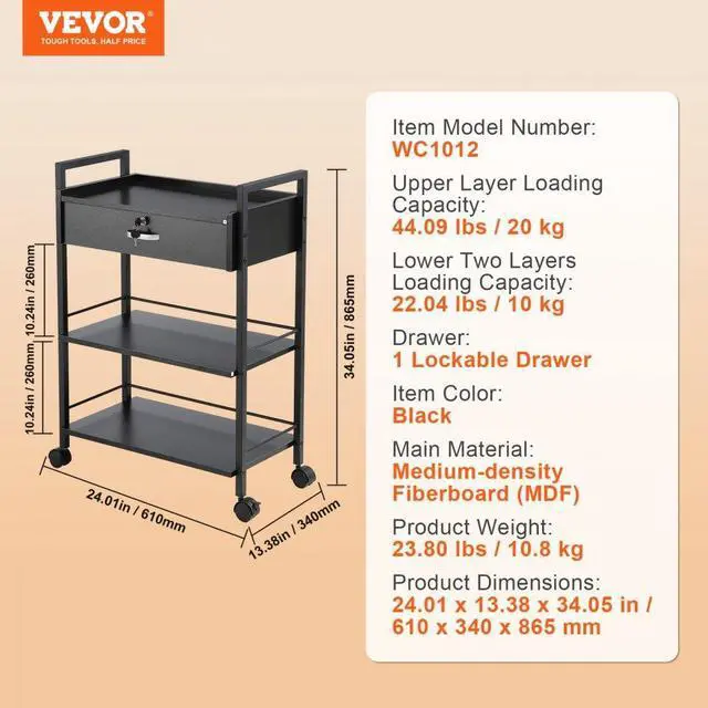 Alt view image 7 of 7 - VEVOR Beauty Salon Trolley Cart, 3-Tier Hair Salon Stations Cabinet for Stylist with Lockable Drawer, MDF Rolling Storage Station with 4 Wheels (2 Lockable) for Beauty SPA Barbershop Tattoo