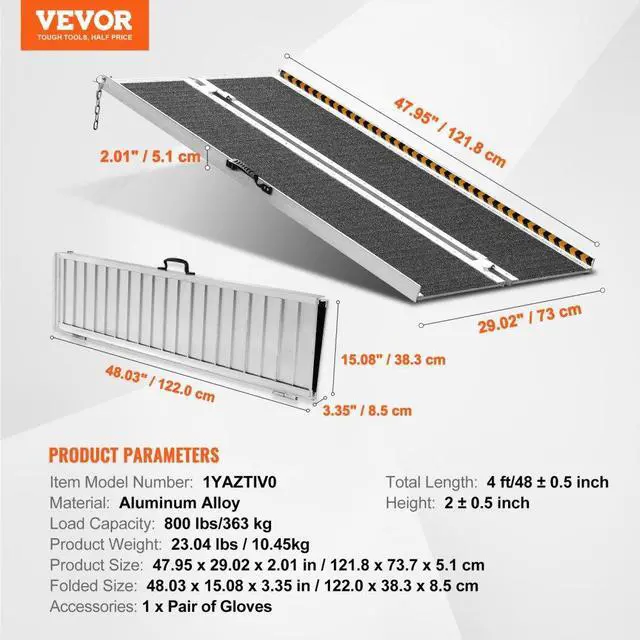 Alt view image 7 of 7 - VEVOR Portable Wheelchair Ramp, 4 ft 800 lbs Capacity, Non-Slip Aluminum Folding Threshold Ramp, Foldable Mobility Scooter Ramp Wheel Chair Ramp, Handicap Ramp for Home Steps, Stairs, Doorways, Curbs