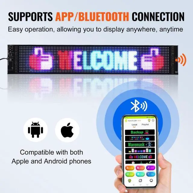 Alt view image 5 of 7 - VEVOR Programmable LED Sign, P6 Full Color LED Scrolling Panel, DIY Custom Text Animation Pattern Display Board, Bluetooth APP Control Message Shop Sign for Store Business Car Advertising, 27"x5"