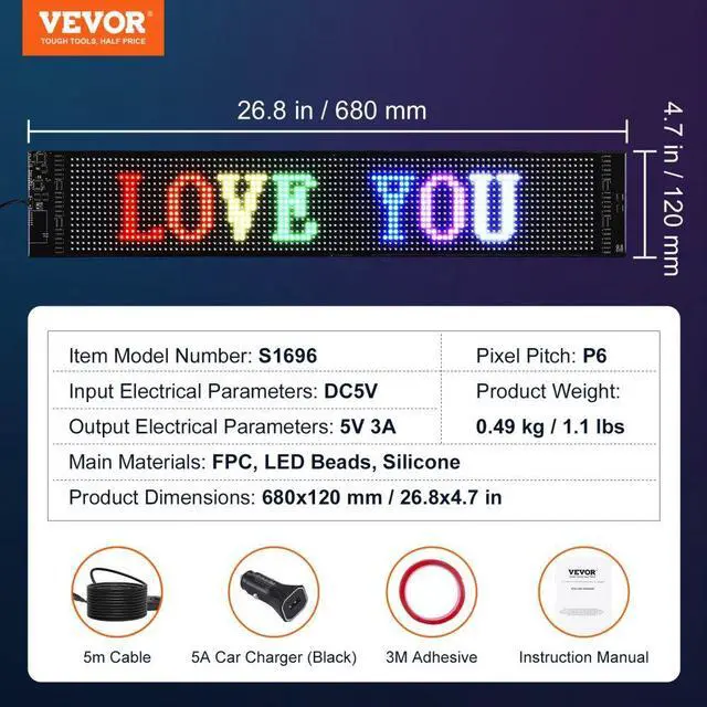 Alt view image 7 of 7 - VEVOR Programmable LED Sign, P6 Full Color LED Scrolling Panel, DIY Custom Text Animation Pattern Display Board, Bluetooth APP Control Message Shop Sign for Store Business Car Advertising, 27"x5"