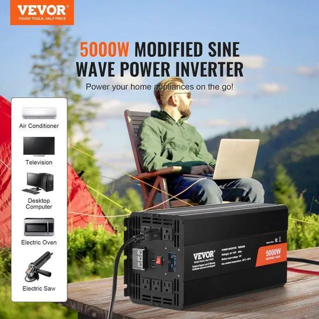 Alt view image 2 of 7 - VEVOR Modified Sine Wave Inverter, 5000W, DC 12V to AC 120V Power Inverter with 6 AC Outlets 2 USB Port 1 Type-C Port, LCD Display and Remote Controller for High Load Home Appliances, CE FCC Certified