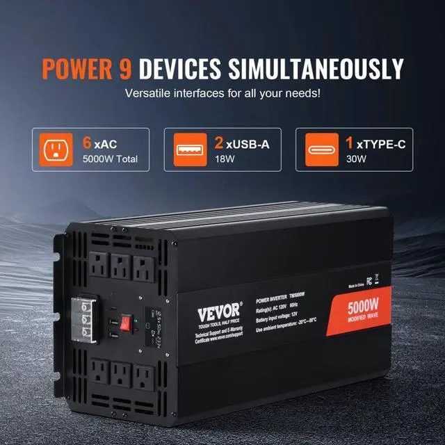 Alt view image 3 of 7 - VEVOR Modified Sine Wave Inverter, 5000W, DC 12V to AC 120V Power Inverter with 6 AC Outlets 2 USB Port 1 Type-C Port, LCD Display and Remote Controller for High Load Home Appliances, CE FCC Certified
