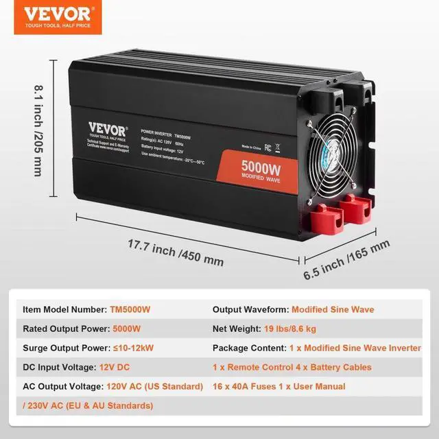 Alt view image 7 of 7 - VEVOR Modified Sine Wave Inverter, 5000W, DC 12V to AC 120V Power Inverter with 6 AC Outlets 2 USB Port 1 Type-C Port, LCD Display and Remote Controller for High Load Home Appliances, CE FCC Certified