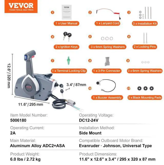 Alt view image 7 of 7 - VEVOR Boat Throttle Control, 5006180 Side-Mounted Outboard Remote Control Box for Evinrude Johnson, Marine Throttle Control Box with Power Trim Switch and Lanyard