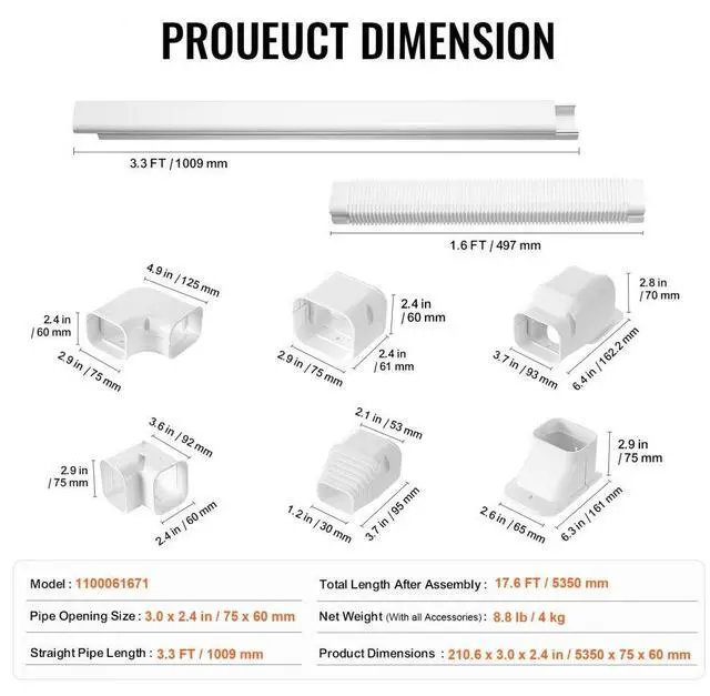 Alt view image 7 of 14 - VEVOR Mini Split Line Set Cover 3-inch W 17.6Ft L, PVC Decorative Pipe Line Cover For Air Conditioner with 4 Straight Ducts & Full Components Easy to Install, Paintable for Heat Pumps, White