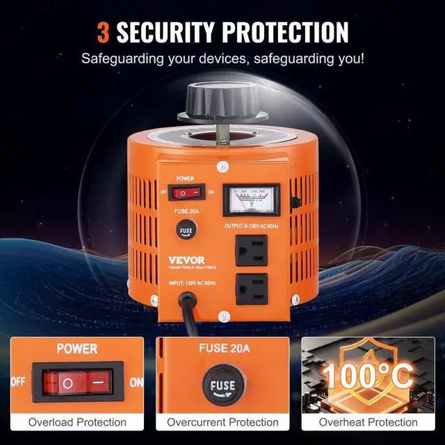 Alt view image 4 of 7 - VEVOR 2000VA Auto Variable Voltage Transformer, 15.3 Amp, 110V Input 0-130V Output AC Voltage Regulator Power Supply, with 4 Extra Fuses Thermal Control Switch for Home Industrial Office