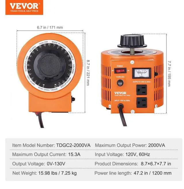 Alt view image 7 of 7 - VEVOR 2000VA Auto Variable Voltage Transformer, 15.3 Amp, 110V Input 0-130V Output AC Voltage Regulator Power Supply, with 4 Extra Fuses Thermal Control Switch for Home Industrial Office