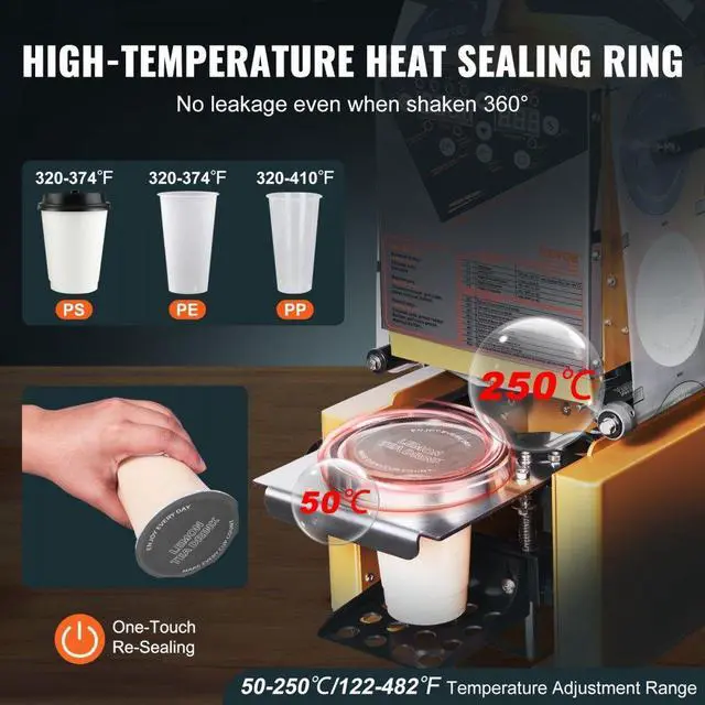 Alt view image 3 of 7 - VEVOR Fully Automatic Cup Sealing Machine, 500-650 Cups/H, Cup Sealer Machine for 190 mm Tall & 90/95 mm Cup, Electric Boba Tea Sealer with Digital Control LCD Panel for Bubble Milk Tea Coffee, Gold