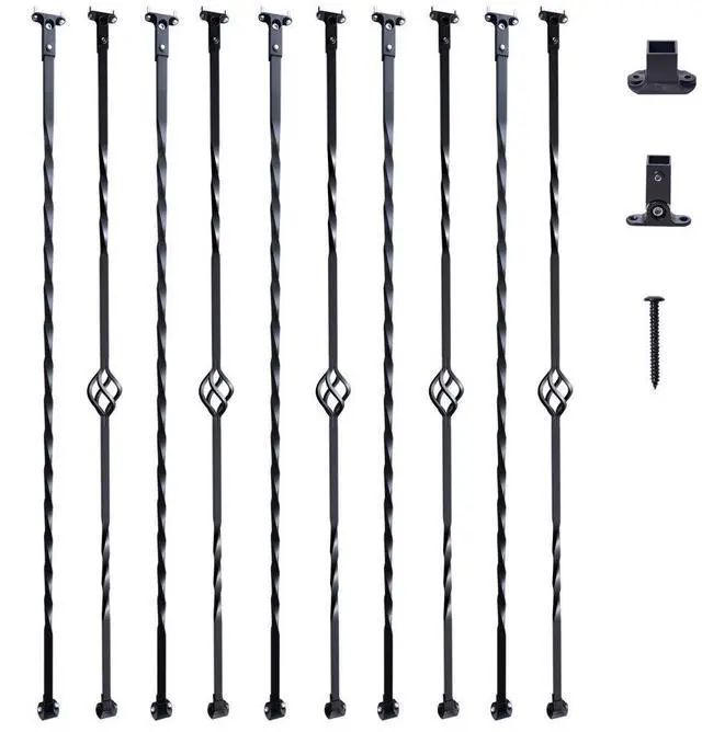 Main image of VEVOR Staircase Metal Balusters, 44'' x 1/2" Galvanized Steel Decorative Banister Spindles, 10 Pack Deck Baluster with Hollow Single Baskets, Twists, Spiral Stair Railing w/ Shoes & Screws