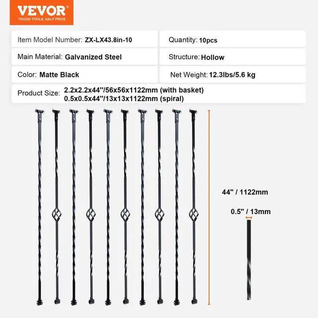 Alt view image 7 of 14 - VEVOR Staircase Metal Balusters, 44'' x 1/2" Galvanized Steel Decorative Banister Spindles, 10 Pack Deck Baluster with Hollow Single Baskets, Twists, Spiral Stair Railing w/ Shoes & Screws